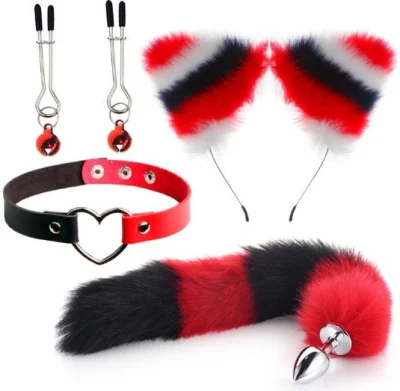 Negro blanco y rojo Fox Cosplay 3 PCS Set Clip de pelo Furry Anal Tail Plug Fox Tailand Collar Gargantilla Mascarada Disfraz de Halloween Cosplay